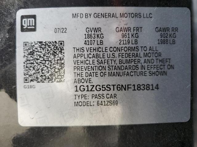1G1ZG5ST6NF183814 - 2022 CHEVROLET MALIBU RS შავი ფოტო 12