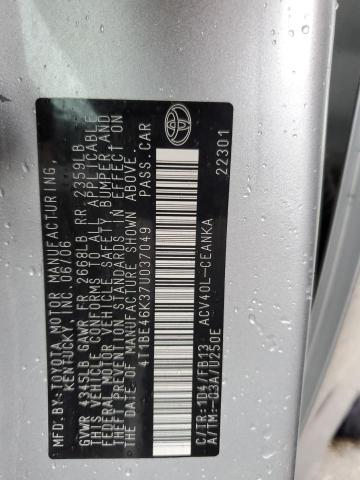 4T1BE46K37U037049 - 2007 TOYOTA CAMRY CE SILVER photo 12