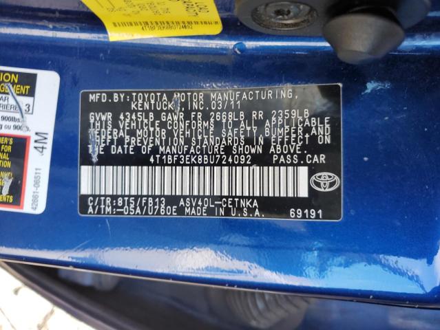 4T1BF3EK8BU724092 - 2011 TOYOTA CAMRY BASE BLUE photo 12