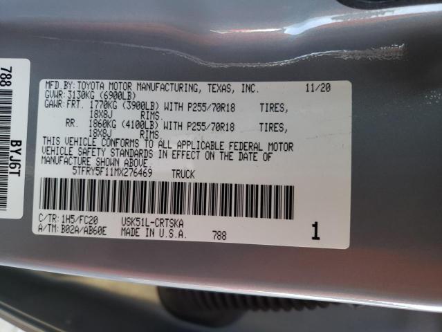 5TFRY5F11MX276469 - 2021 TOYOTA TUNDRA DOUBLE CAB SR/SR5 GRAY photo 12