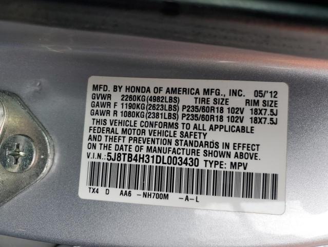 5J8TB4H31DL003430 - 2013 ACURA RDX SILVER photo 13