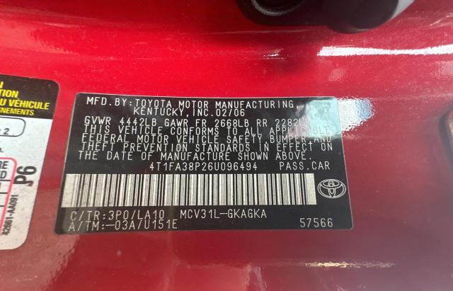 4T1FA38P26U096494 - 2006 TOYOTA CAMRY SOLA SE RED photo 10