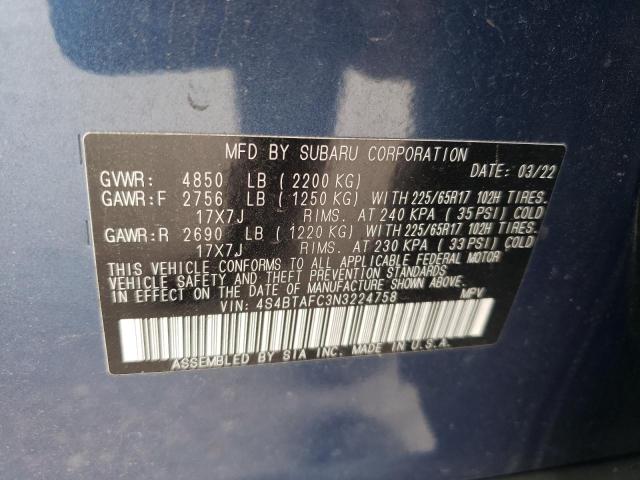 4S4BTAFC3N3224758 - 2022 SUBARU OUTBACK PREMIUM BLUE photo 13