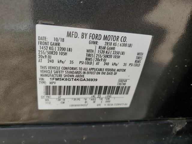 1FM5K8GT4KGA36939 - 2019 FORD EXPLORER SPORT CHARCOAL photo 12