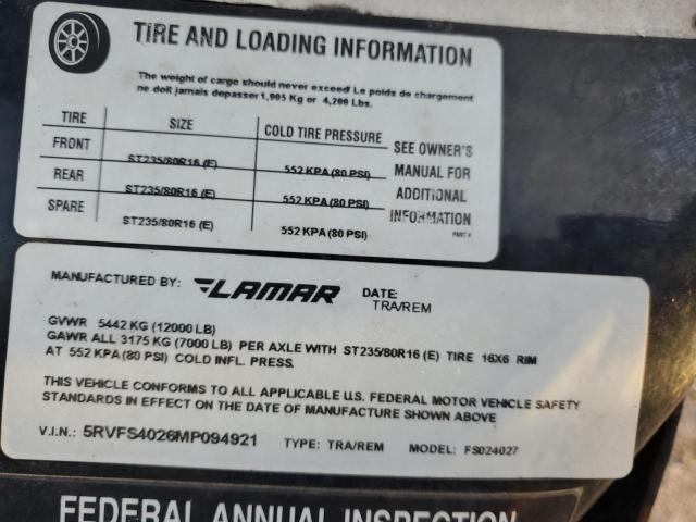 5RVFS4026MP094921 - 2022 LAMR TRAILER BLACK photo 10