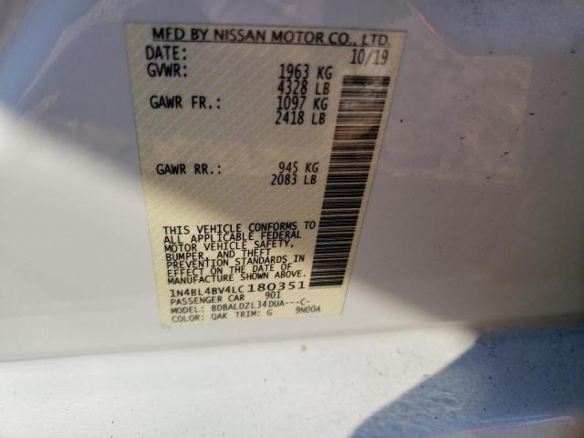 1N4BL4BV4LC180351 - 2020 NISSAN ALTIMA S WHITE photo 12