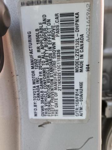 2T1KR32E13C118836 - 2003 TOYOTA COROLLA MA XR SILVER photo 12