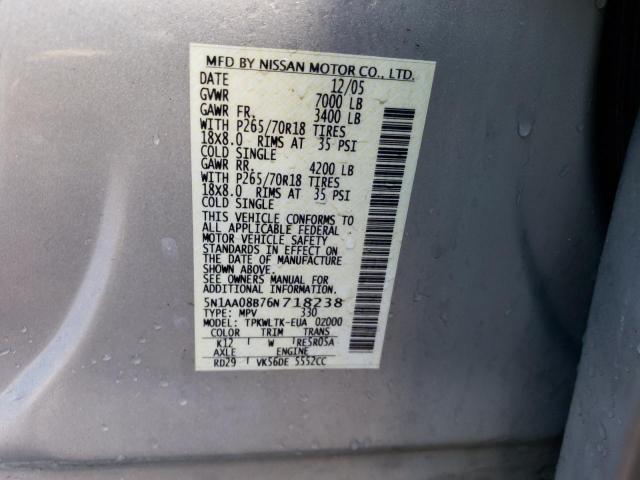 5N1AA08B76N718238 - 2006 NISSAN ARMADA SE SILVER photo 13