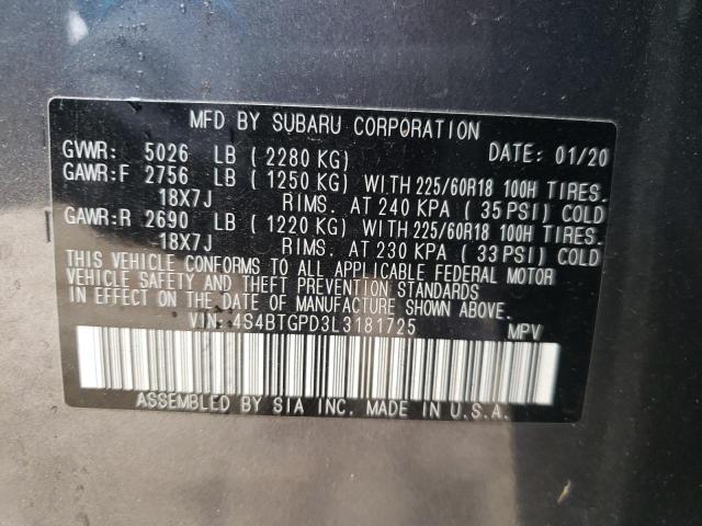 4S4BTGPD3L3181725 - 2020 SUBARU OUTBACK TOURING LDL GRAY photo 13