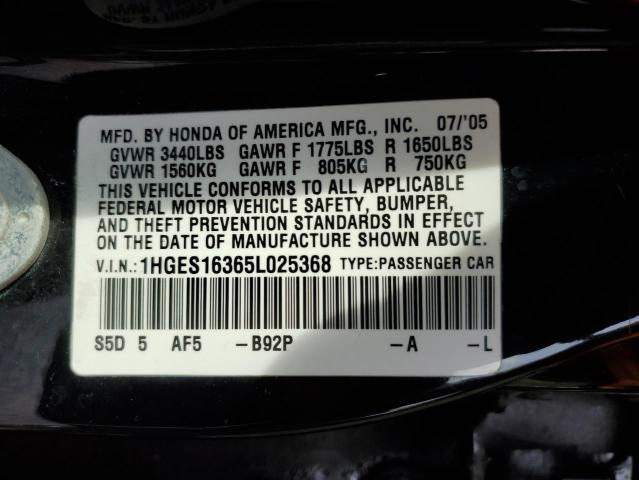 1HGES16365L025368 - 2005 HONDA CIVIC DX VP BLACK photo 12