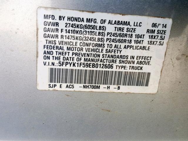 5FPYK1F59EB012606 - 2014 HONDA RIDGELINE RTL  photo 10