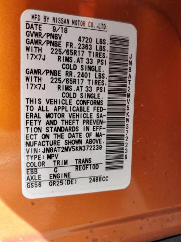 JN8AT2MV5KW372239 - 2019 NISSAN ROGUE S ORANGE photo 12