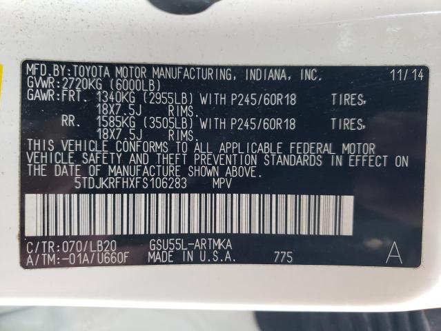 5TDJKRFHXFS106283 - 2015 TOYOTA HIGHLANDER XLE 白色 照片 13