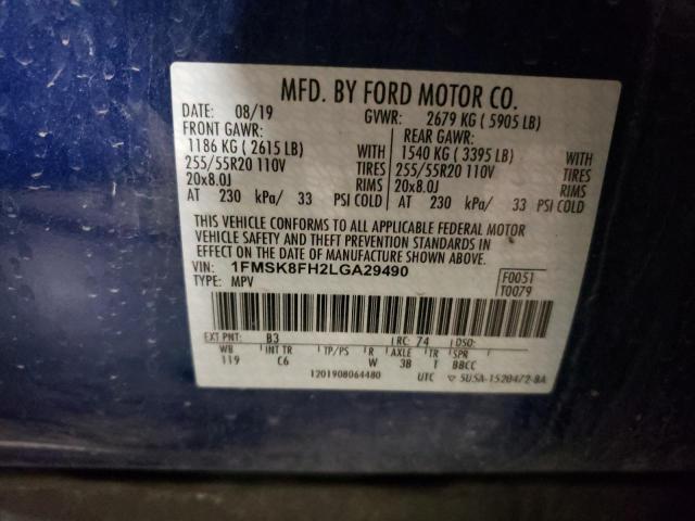 1FMSK8FH2LGA29490 - 2020 FORD EXPLORER LIMITED BLUE photo 13