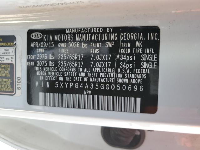 5XYPG4A35GG050696 - 2016 KIA SORENTO LX WHITE photo 13