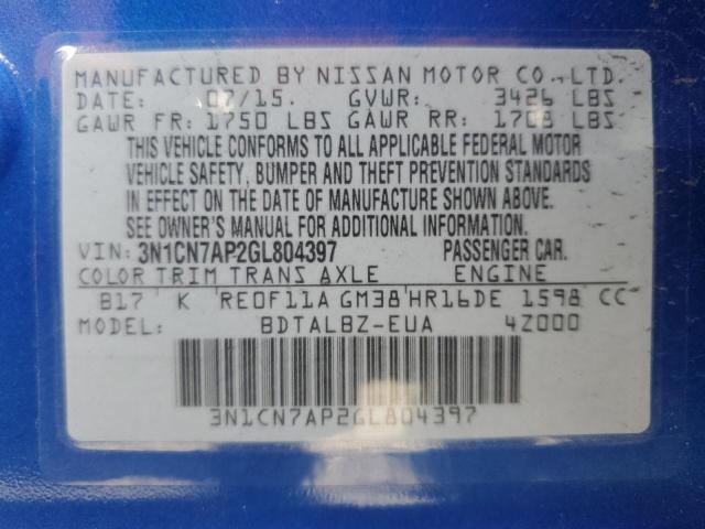 3N1CN7AP2GL804397 - 2016 NISSAN VERSA S BLUE photo 12