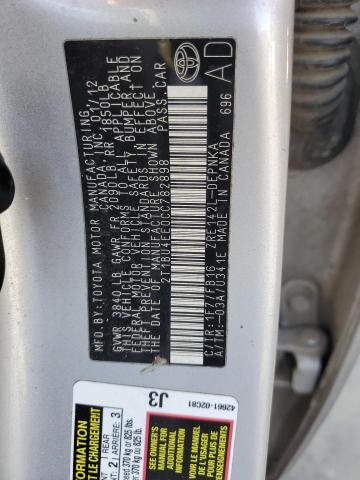 2T1BU4EE0CC782898 - 2012 TOYOTA COROLLA BASE SILVER photo 13