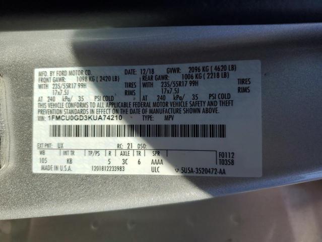 1FMCU0GD3KUA74210 - 2019 FORD ESCAPE SE SILVER photo 14