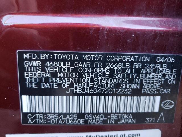 JTHBJ46G472012232 - 2007 LEXUS ES 350 BURGUNDY photo 12