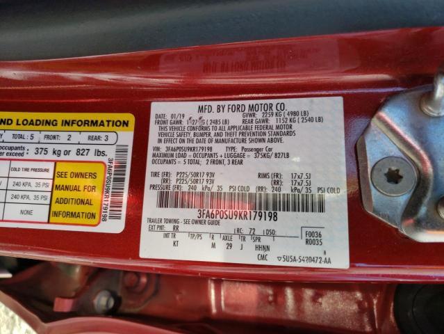 3FA6P0SU9KR179198 - 2019 FORD FUSION TITANIUM RED photo 13