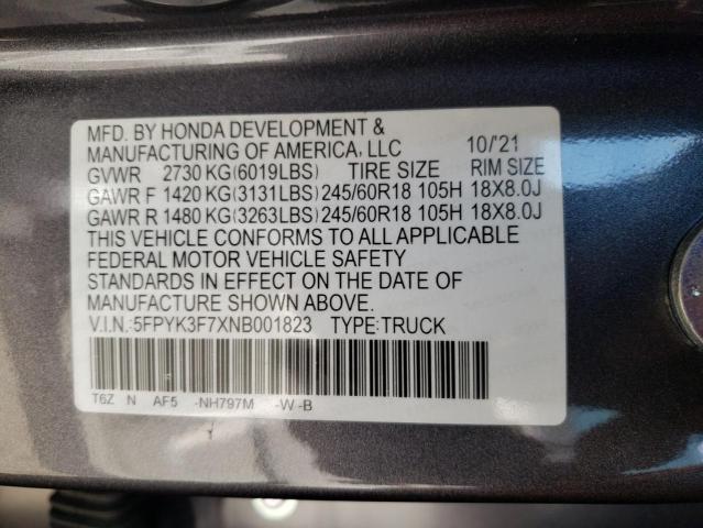 5FPYK3F7XNB001823 - 2022 HONDA RIDGELINE RTL GRAY photo 12