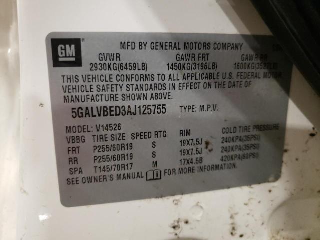 5GALVBED3AJ125755 - 2010 BUICK ENCLAVE CXL WHITE photo 12