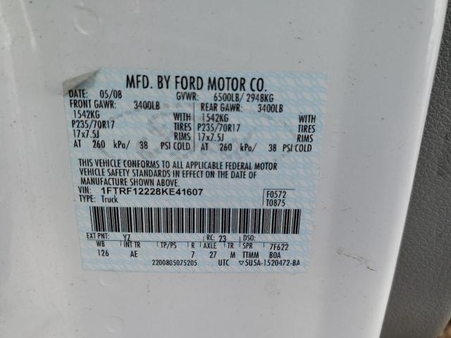 1FTRF12228KE41607 - 2008 FORD F150 WHITE photo 12