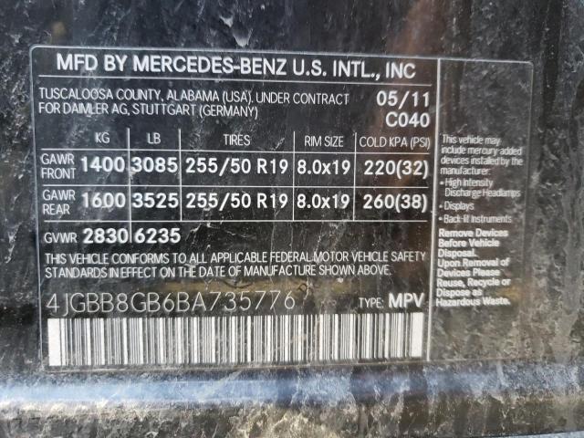 4JGBB8GB6BA735776 - 2011 MERCEDES-BENZ ML 350 4MATIC BLACK photo 12