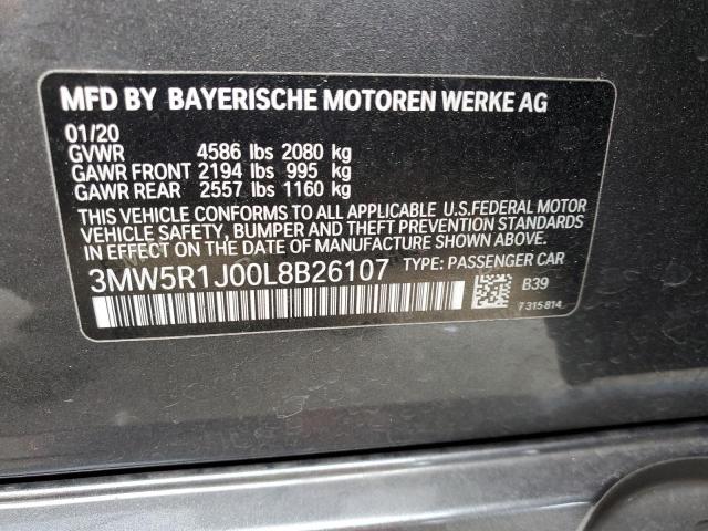 3MW5R1J00L8B26107 - 2020 BMW 330I GRAY photo 12