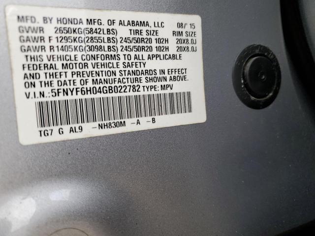 5FNYF6H04GB022782 - 2016 HONDA PILOT ELITE SILVER photo 12