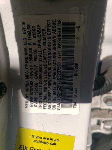 19XFC2F72GE237561 - 2016 HONDA CIVIC EX WHITE photo 12