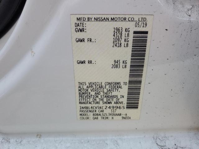 1N4BL4CV5KC249965 - 2019 NISSAN ALTIMA SR WHITE photo 12