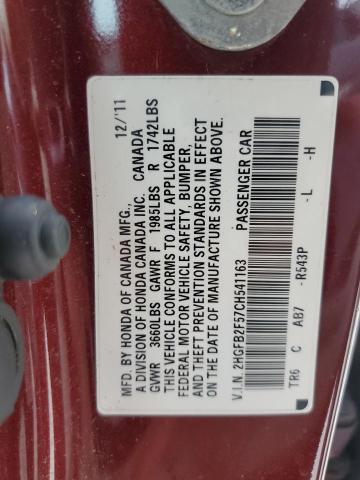 2HGFB2F57CH541163 - 2012 HONDA CIVIC LX MAROON photo 12