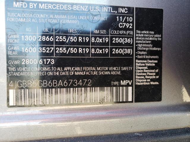 4JGBB5GB6BA673472 - 2011 MERCEDES-BENZ ML 350 SILVER photo 12