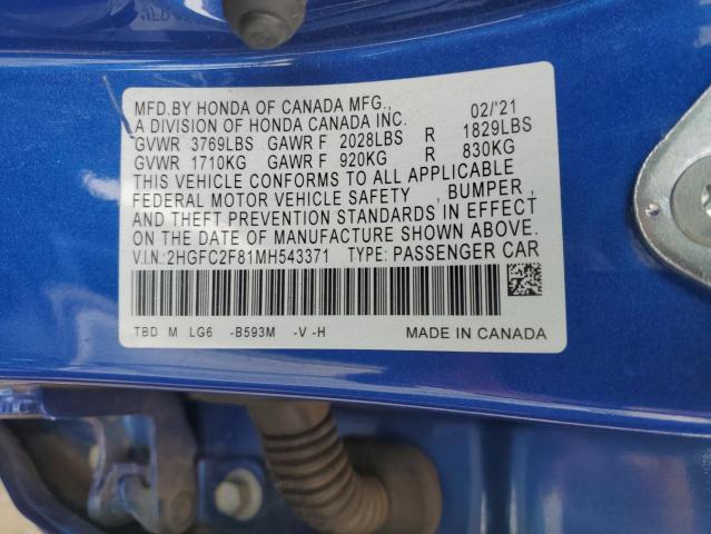2HGFC2F81MH543371 - 2021 HONDA CIVIC SPORT 蓝色 照片 12