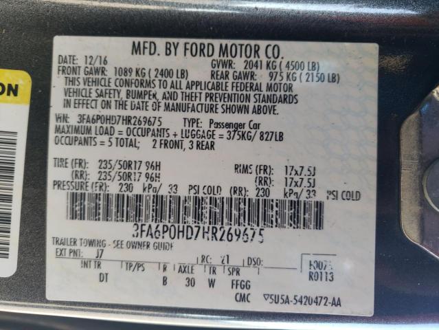 3FA6P0HD7HR269675 - 2017 FORD FUSION SE CHARCOAL photo 12