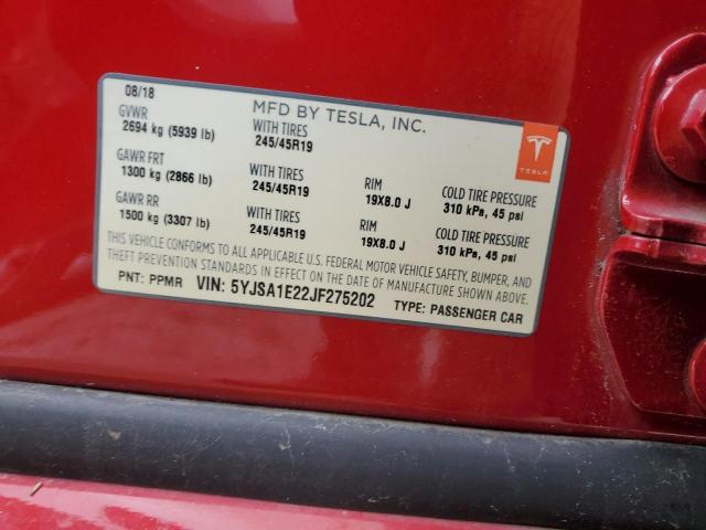 5YJSA1E22JF275202 - 2018 TESLA MODEL S 红色 照片 12