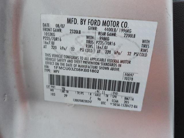 1FMCU03Z08KB51802 - 2008 FORD ESCAPE XLT SILVER photo 12