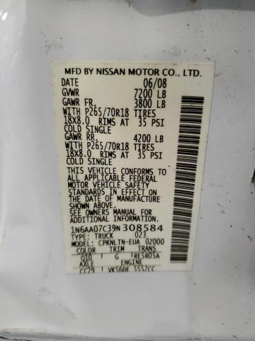 1N6AA07C39N308584 - 2009 NISSAN TITAN XE WHITE photo 12