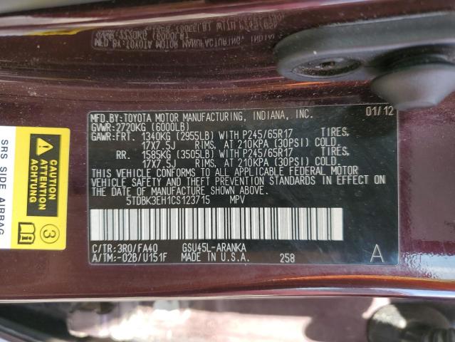 5TDBK3EH1CS123715 - 2012 TOYOTA HIGHLANDER BASE BURGUNDY photo 14