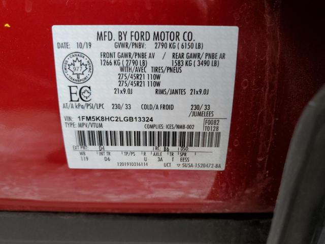 1FM5K8HC2LGB13324 - 2020 FORD EXPLORER PLATINUM RED photo 13