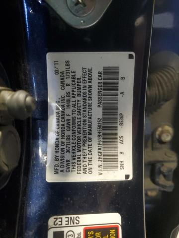 2HGFA1F61BH550252 - 2011 HONDA CIVIC LX-S أزرق صورة 12