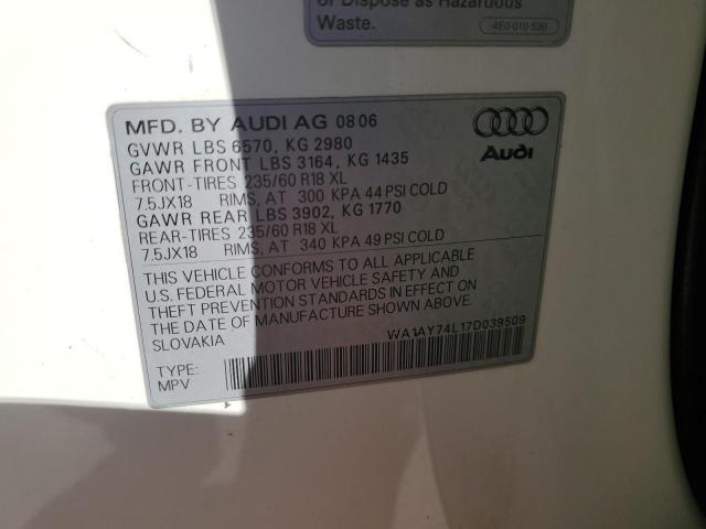 WA1AY74L17D039509 - 2007 AUDI Q7 3.6 QUATTRO WHITE photo 12