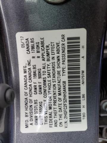 2HGFC2F52HH544458 - 2017 HONDA CIVIC LX GRAY photo 12