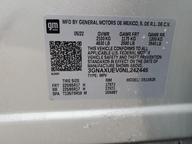 3GNAXUEV0NL242445 - 2022 CHEVROLET EQUINOX LT SILVER photo 13