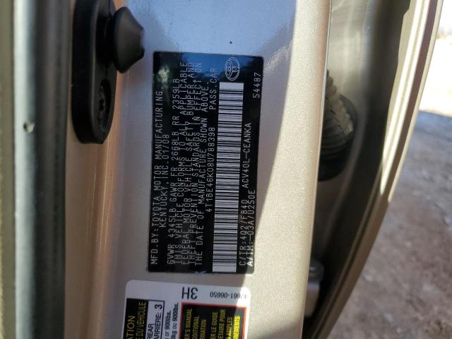 4T1BE46K08U788398 - 2008 TOYOTA CAMRY CE GOLD photo 12