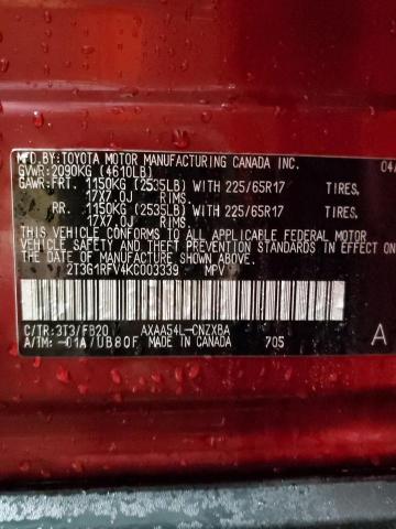 2T3G1RFV4KC003339 - 2019 TOYOTA RAV4 LE RED photo 12