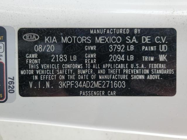 3KPF34AD2ME271603 - 2021 KIA FORTE GT LINE WHITE photo 12