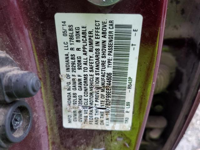 19XFB2F99EE244606 - 2014 HONDA CIVIC EXL მუქწითელი ფოტო 12