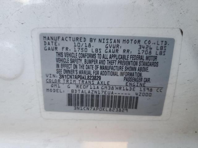 3N1CN7AP0KL823829 - 2019 NISSAN VERSA S WHITE photo 13